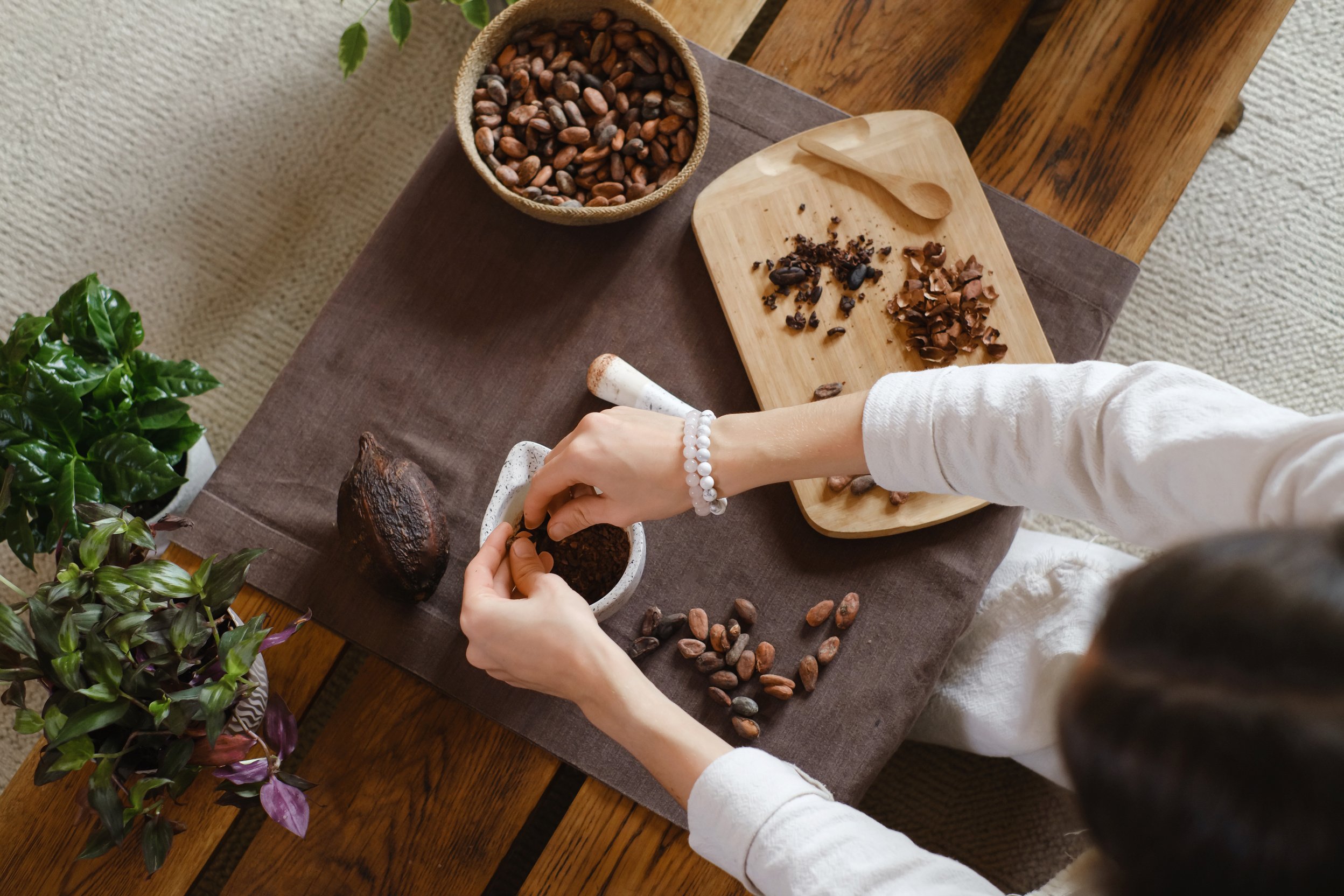 Woman Hands Holding Organic Cacao Beans for Ceremony